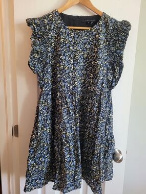 English Factory Black Floral Ruffle-Sleeve Casual Dress with Blue & White Print